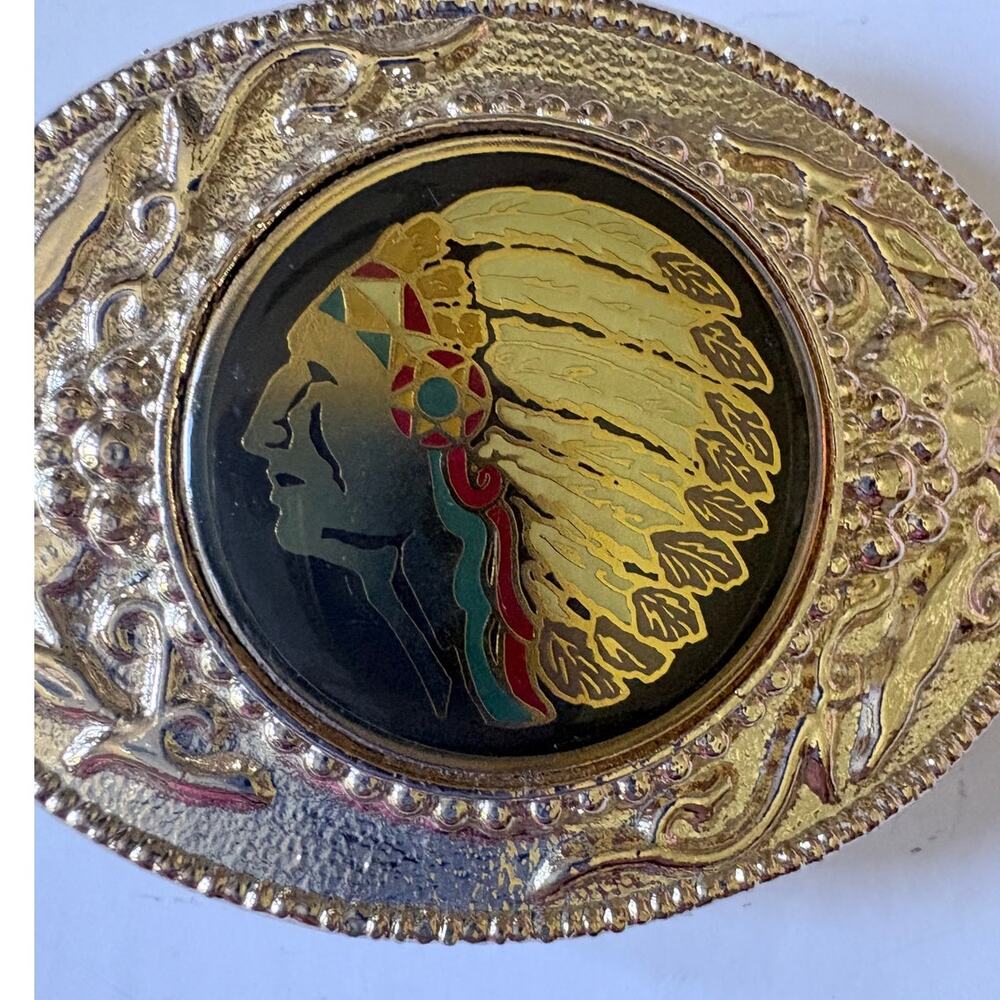 Gold-tone “Indian Chief” Belt Buckle with Floral Border
